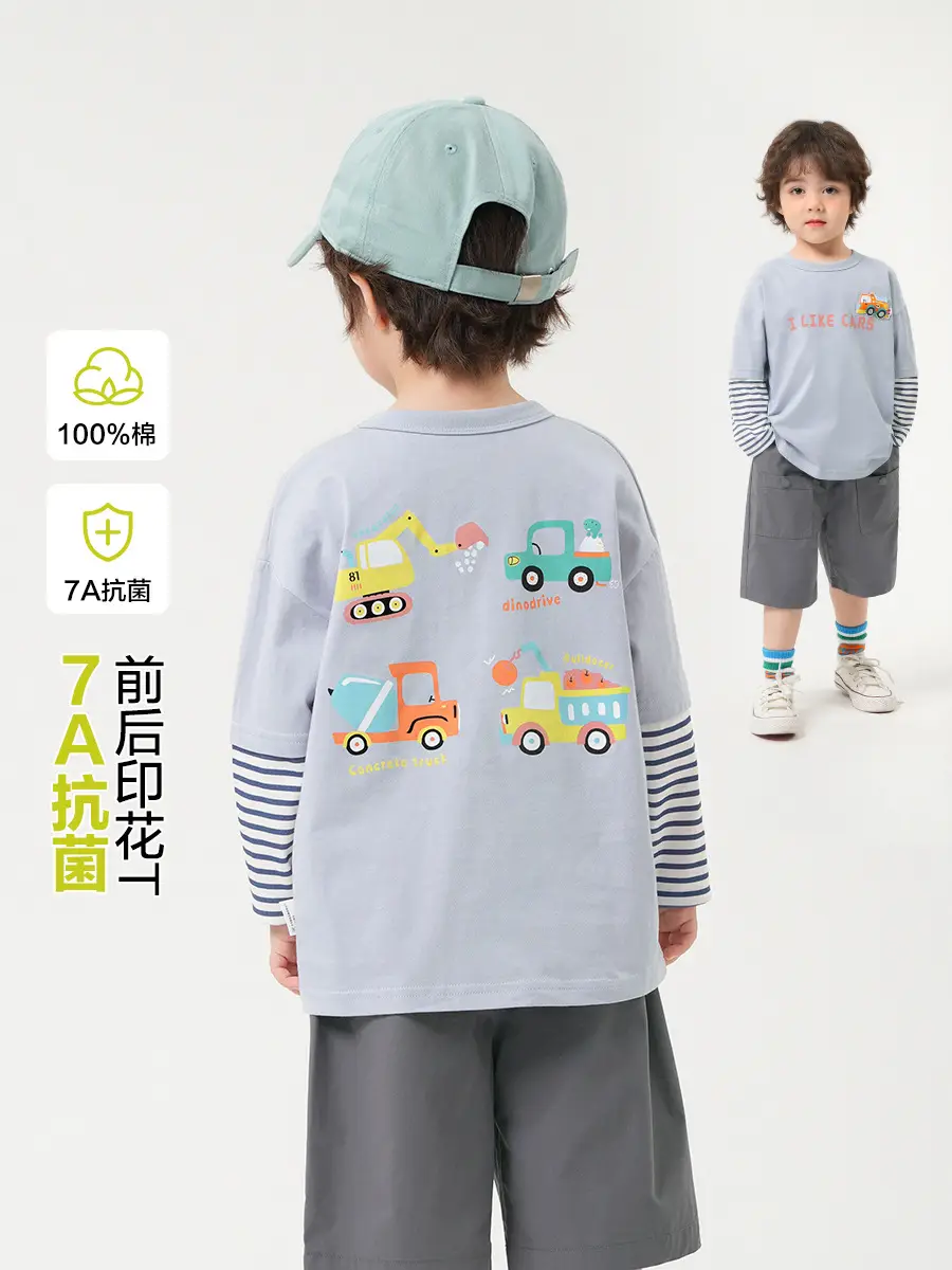 Boys' Long Sleeve T-Shirt Pure Cotton Light Blue with Car Print - Image 2
