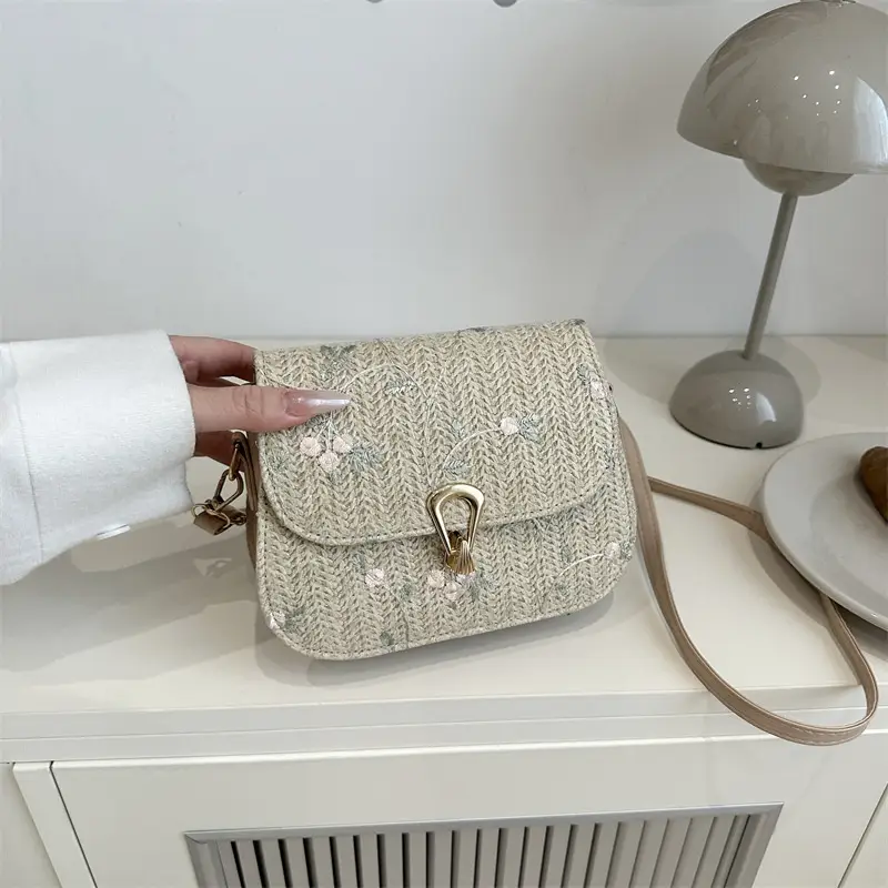 Women's Lace Flower Woven Saddle Bag Cream - Image 4