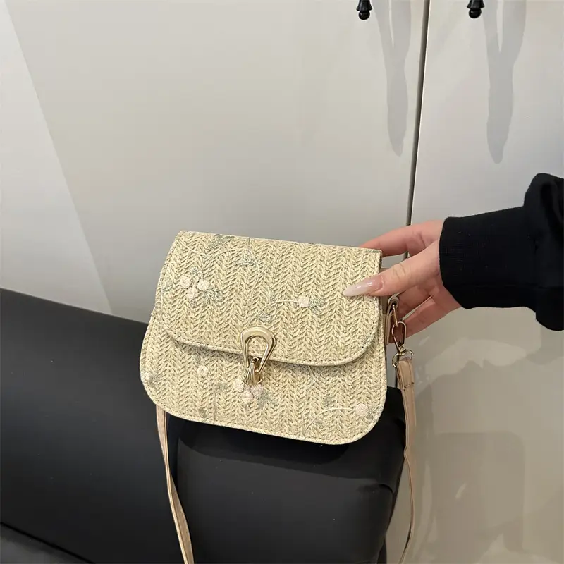 Women's Lace Flower Woven Saddle Bag Cream - Image 5