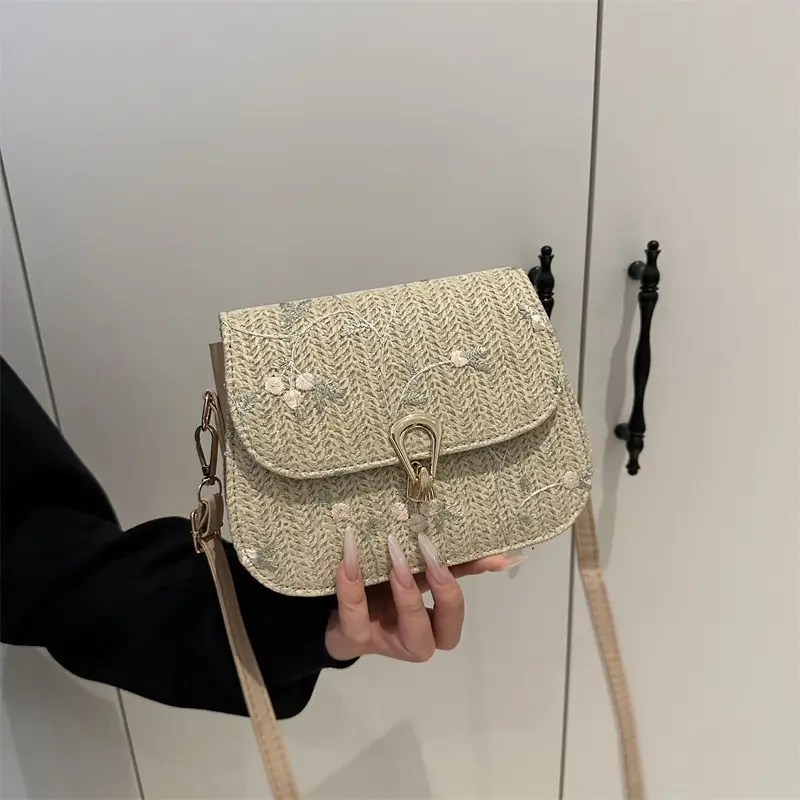 Women's Lace Flower Woven Saddle Bag Cream - Image 6