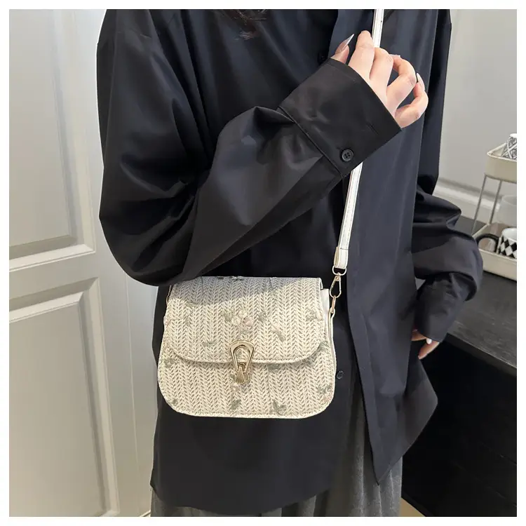 Women's Lace Flower Woven Saddle Bag Cream — feature 10