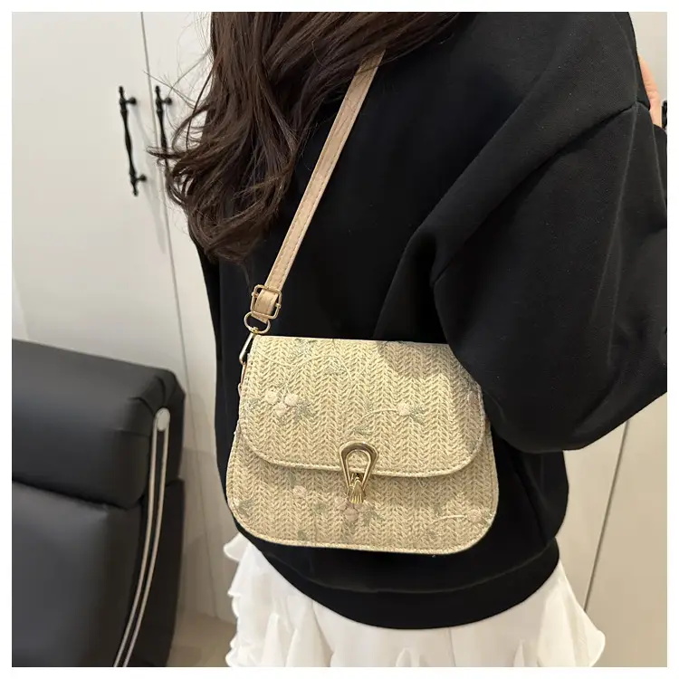 Women's Lace Flower Woven Saddle Bag Cream — feature 12