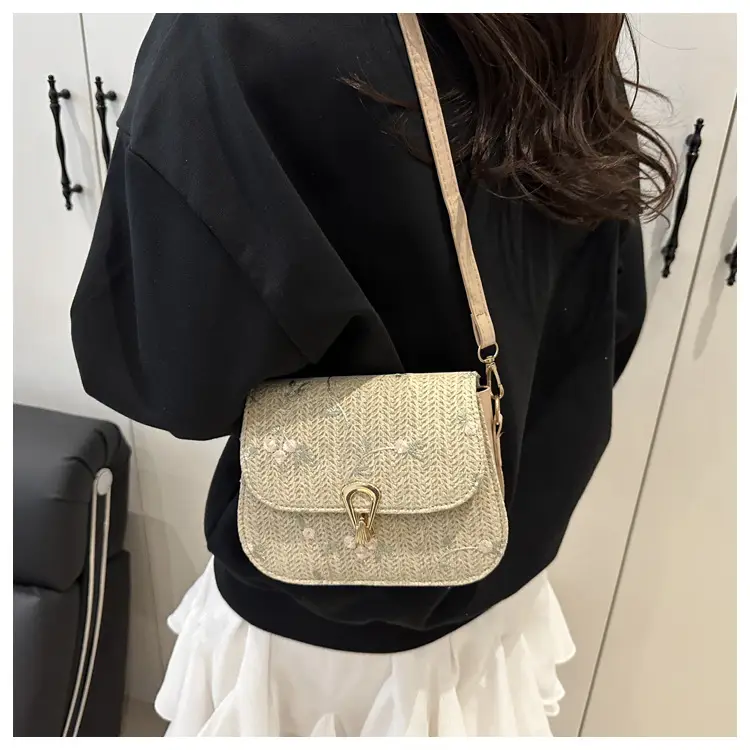 Women's Lace Flower Woven Saddle Bag Cream — feature 13