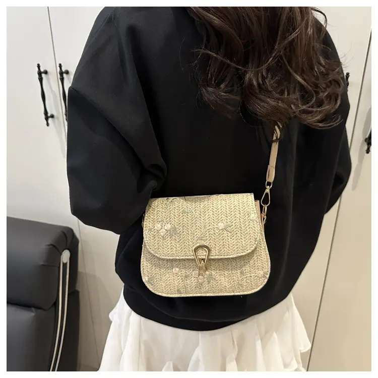Women's Lace Flower Woven Saddle Bag Cream — feature 14