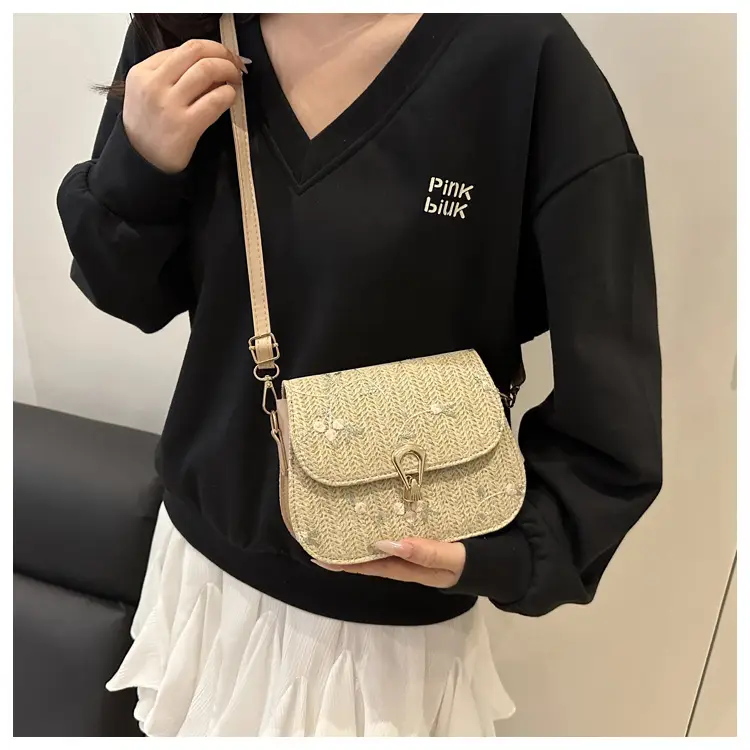 Women's Lace Flower Woven Saddle Bag Cream — feature 15
