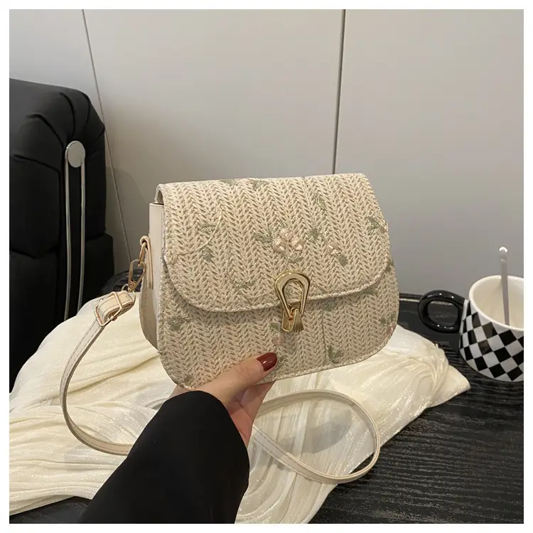 Women's Lace Flower Woven Saddle Bag Cream — feature 18