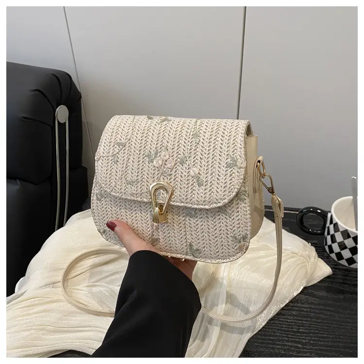 Women's Lace Flower Woven Saddle Bag Cream — feature 19