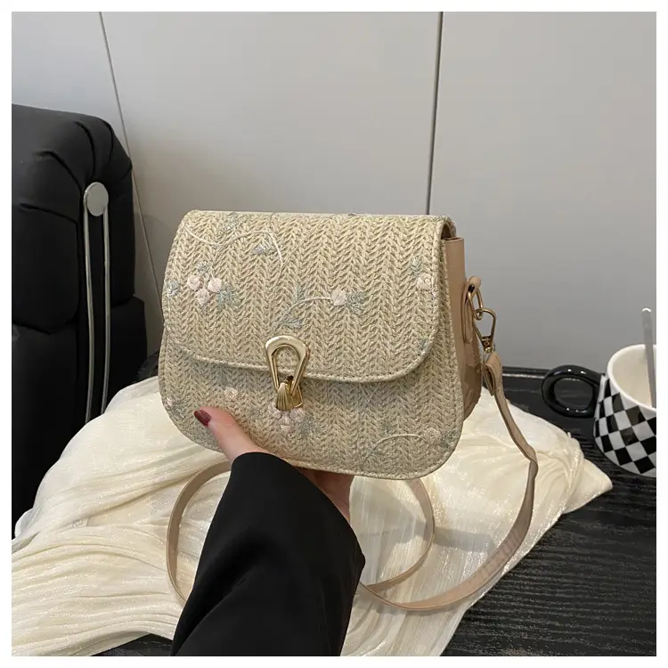Women's Lace Flower Woven Saddle Bag Cream — feature 21