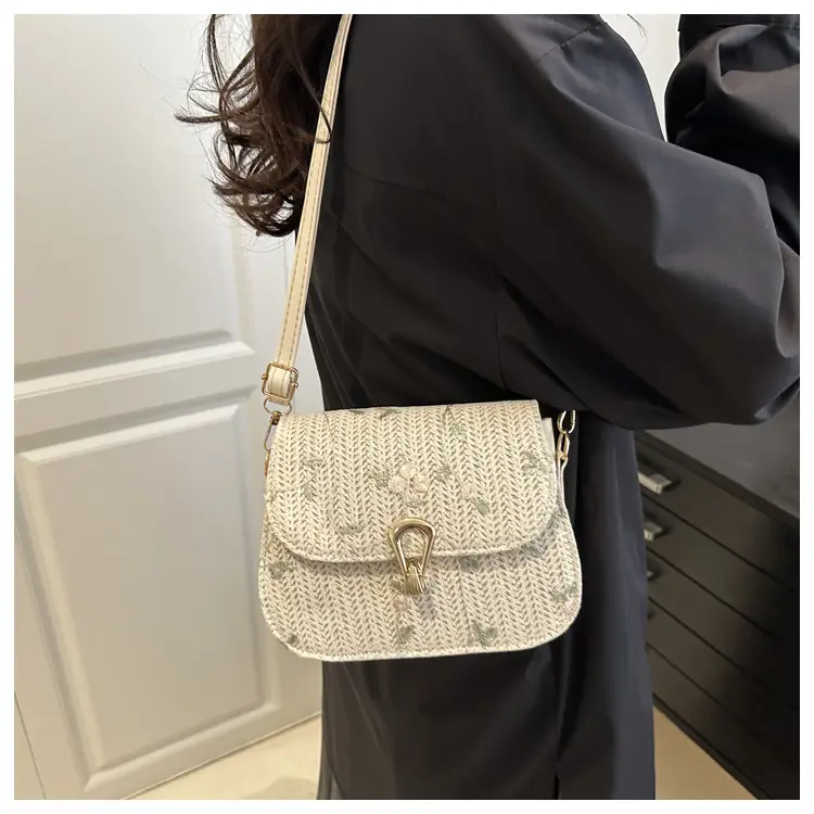 Women's Lace Flower Woven Saddle Bag Cream — feature 7