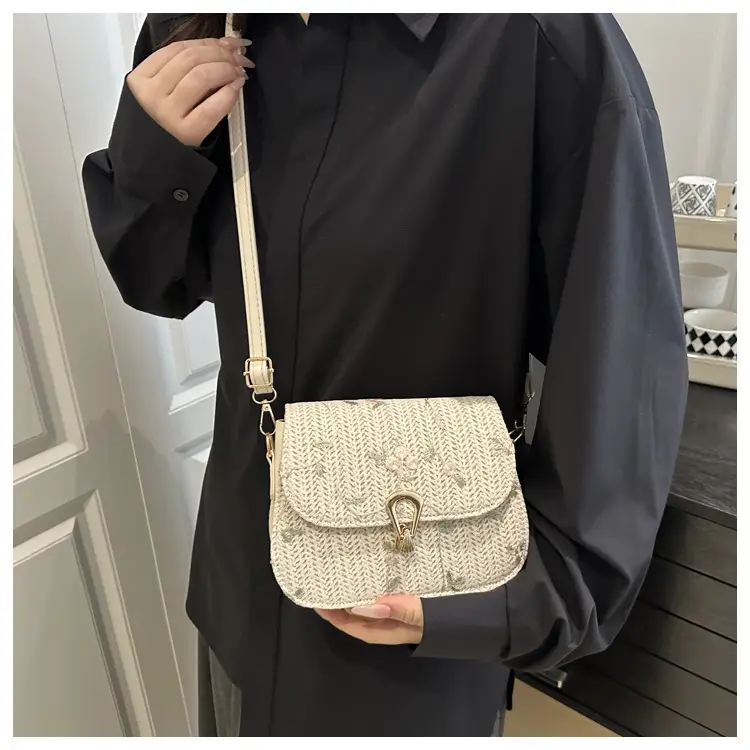Women's Lace Flower Woven Saddle Bag Cream — feature 9
