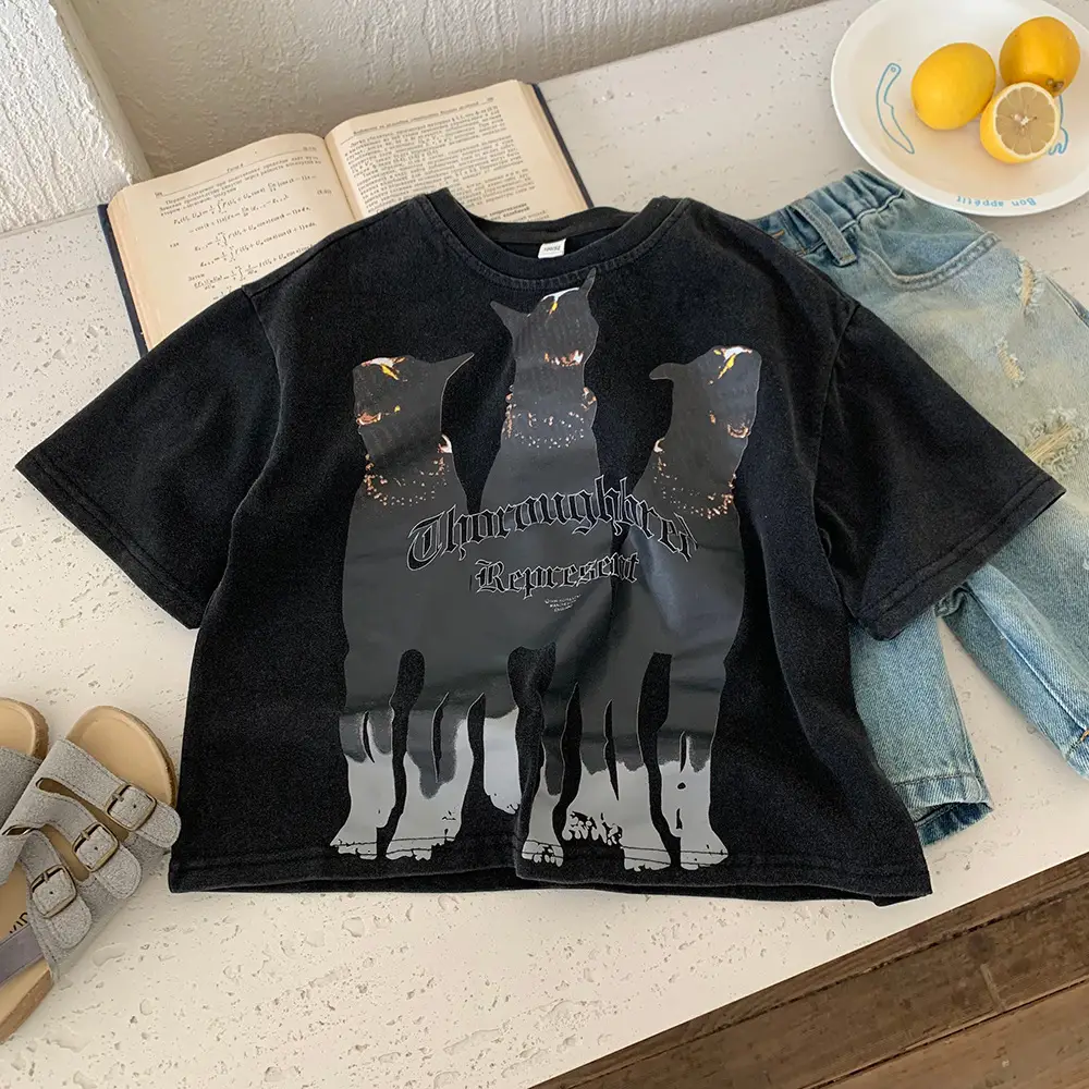 Kids American Style Retro T-Shirt Black Short Sleeve — feature 3