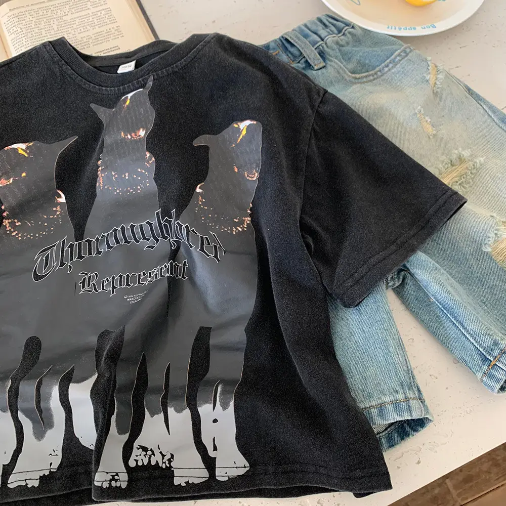 Kids American Style Retro T-Shirt Black Short Sleeve — feature 5