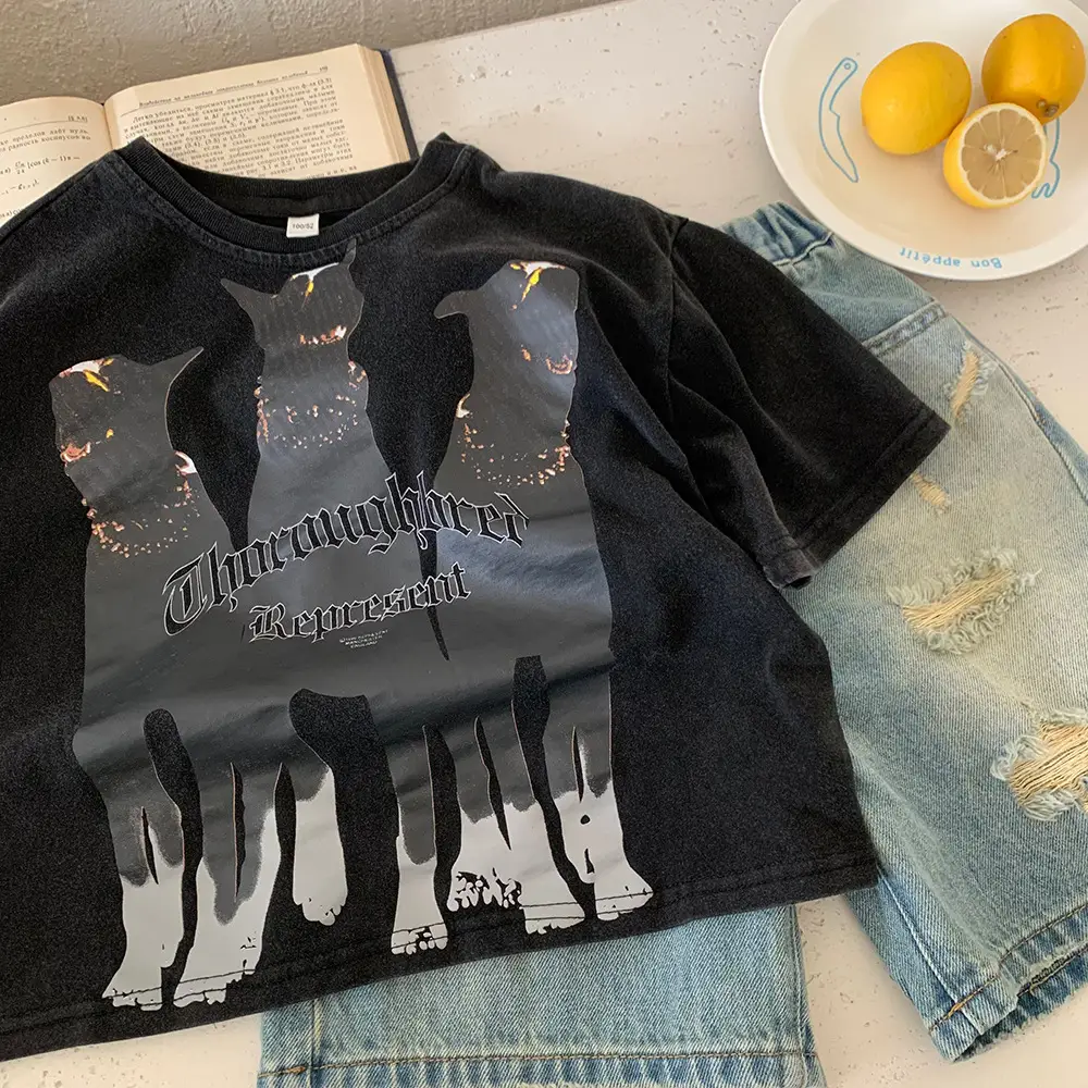 Kids American Style Retro T-Shirt Black Short Sleeve — feature 6
