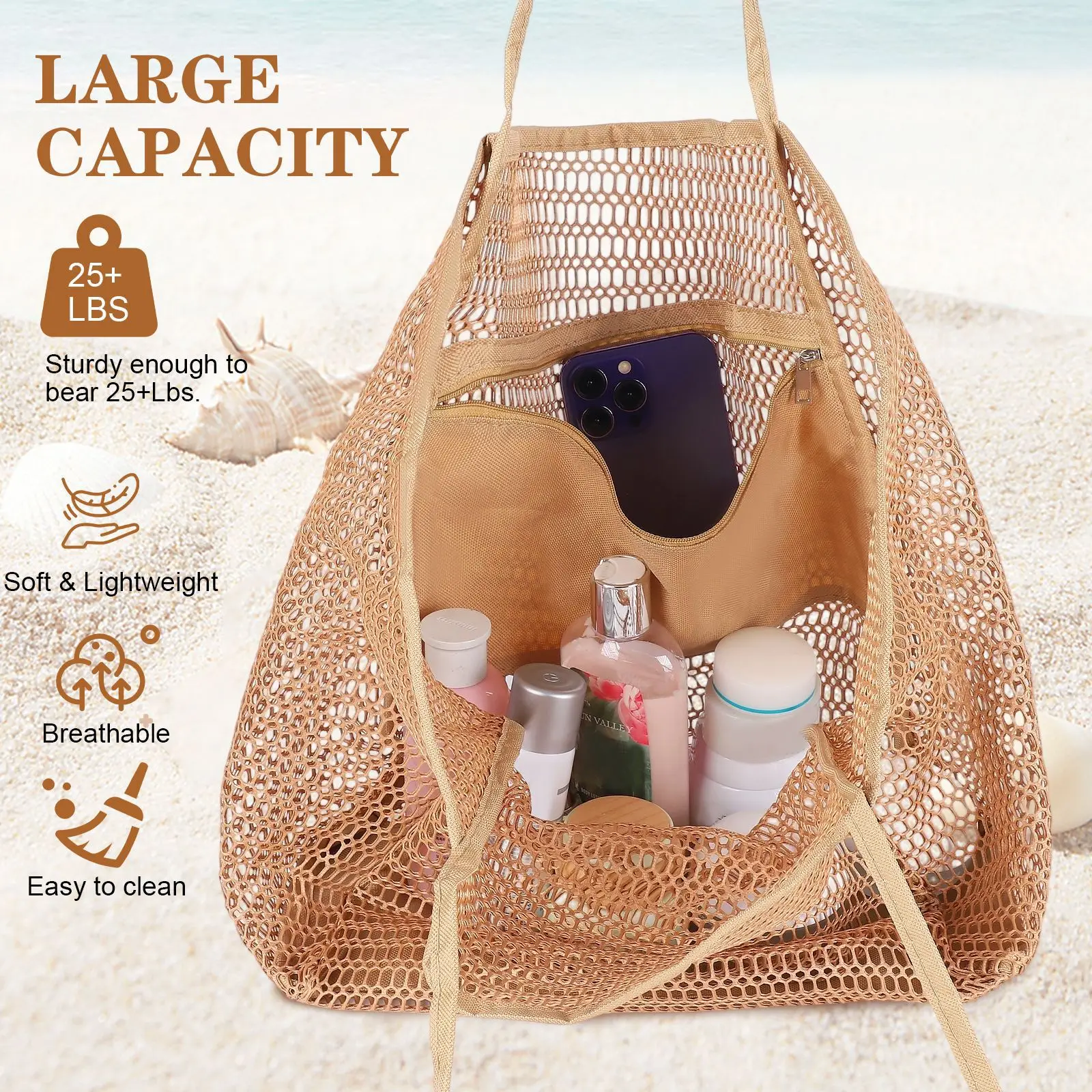 Women's Mesh Beach Bag Shoulder Bag Summer Travel Storage — feature 5