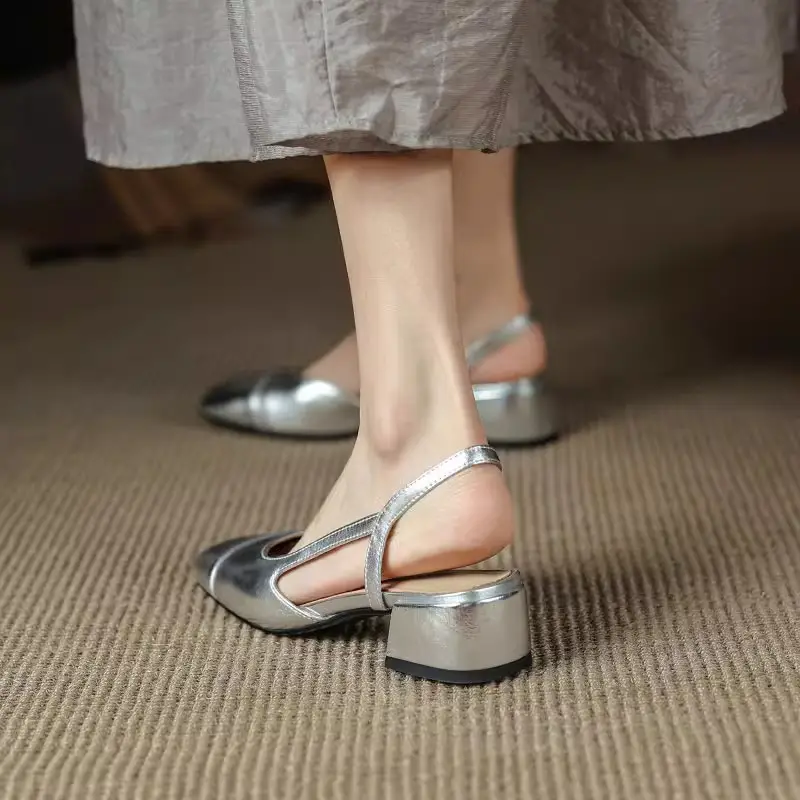 2025 Women's Silver Square Toe Heel Sandals - Image 4