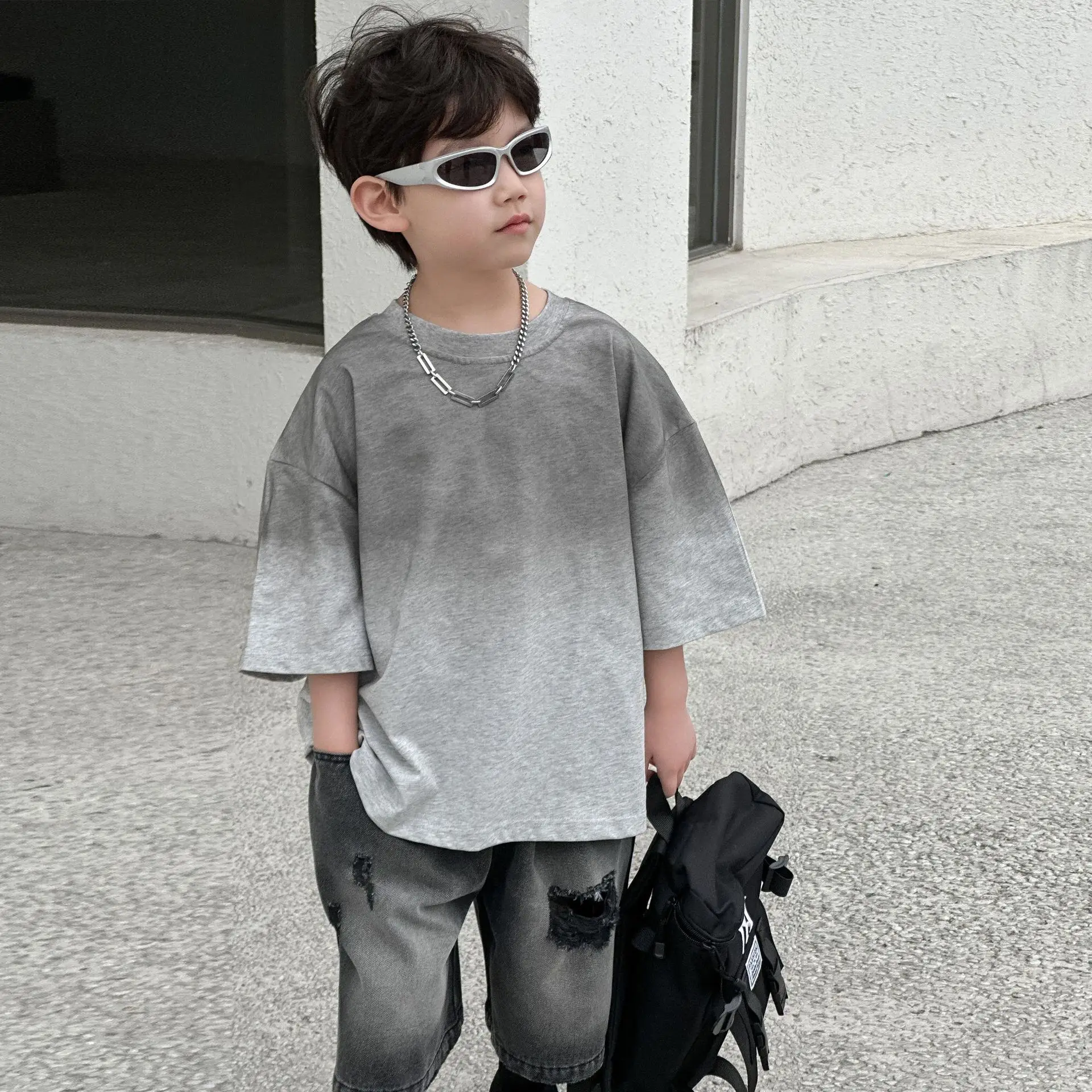 Boys Cotton T-Shirt Grey Loose Summer Wear — feature 3