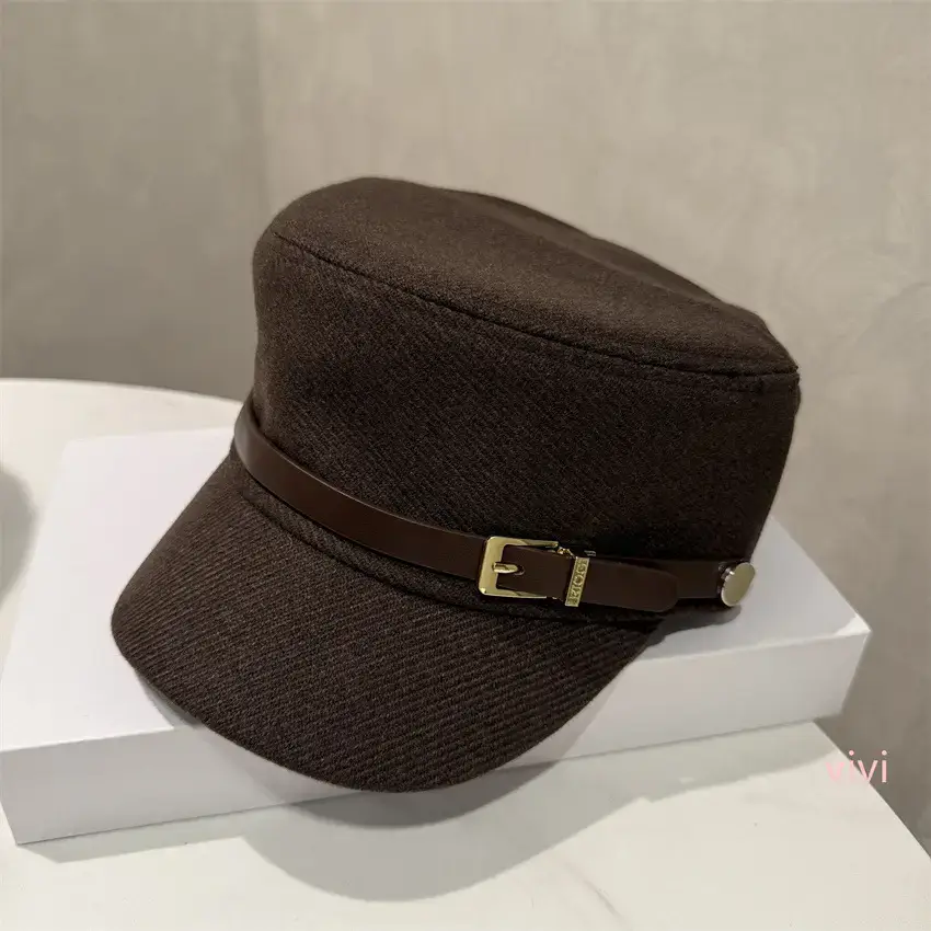 Women Leather Buckle Flat Cap Hat Brown Winter Casual - Image 3