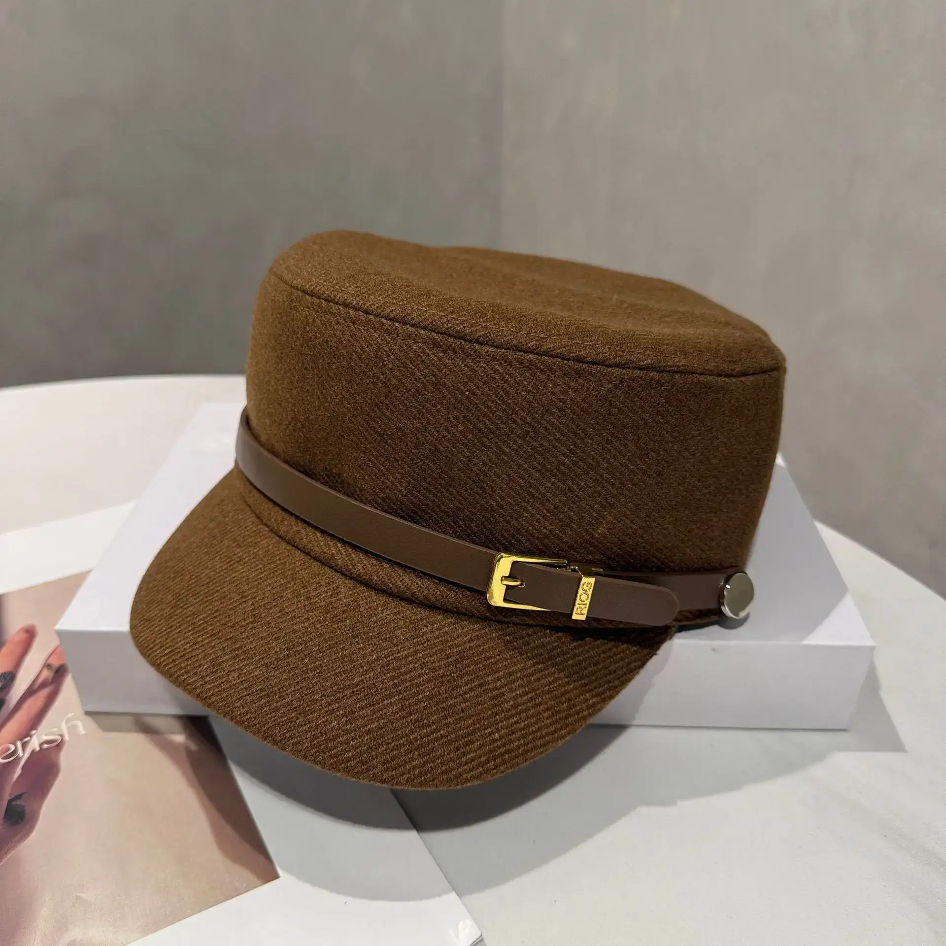 Women Leather Buckle Flat Cap Hat Brown Winter Casual - Image 4