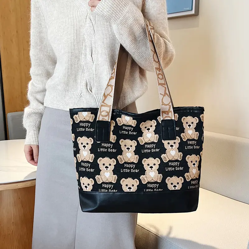 Women Canvas Printed Bear Bag Large Capacity Brown - Image 5