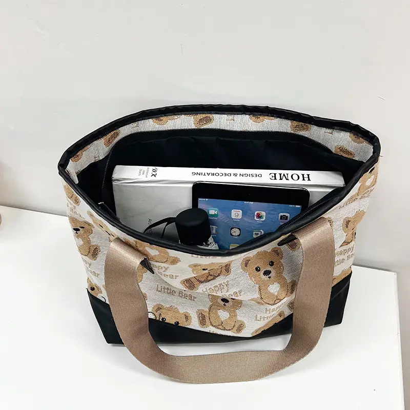 Women Canvas Printed Bear Bag Large Capacity Brown - Image 7