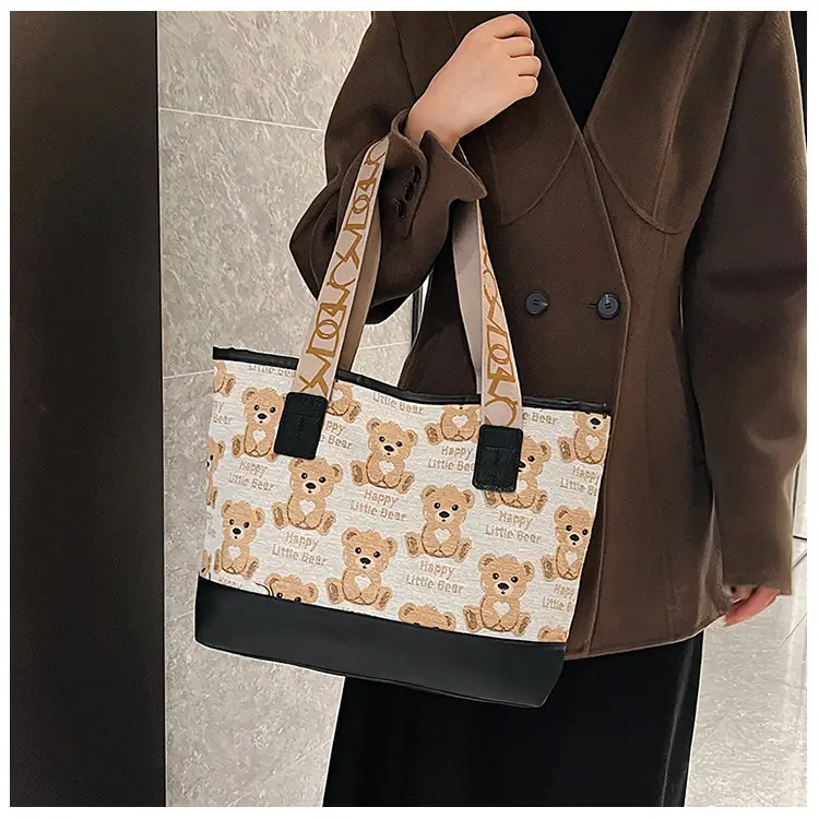 Women Canvas Printed Bear Bag Large Capacity Brown — feature 11
