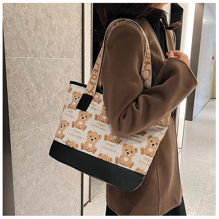 Women Canvas Printed Bear Bag Large Capacity Brown — feature 12