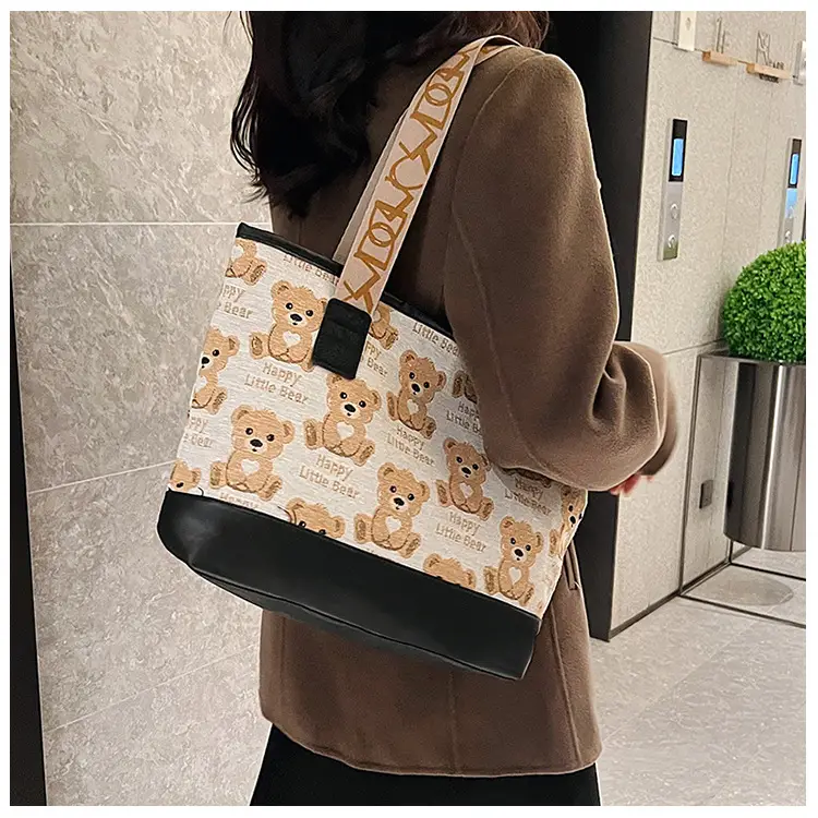 Women Canvas Printed Bear Bag Large Capacity Brown — feature 13