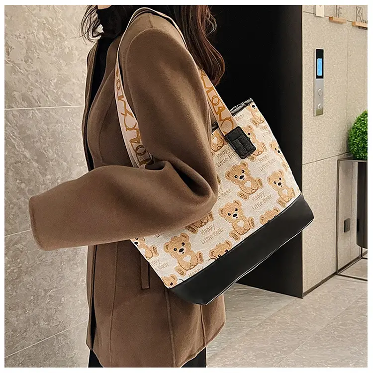 Women Canvas Printed Bear Bag Large Capacity Brown — feature 15