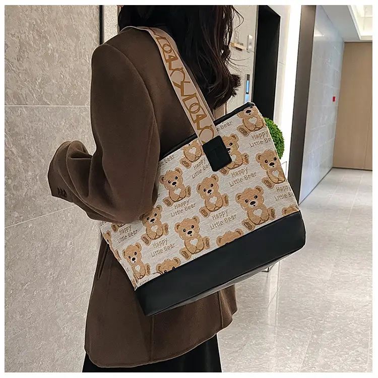 Women Canvas Printed Bear Bag Large Capacity Brown — feature 16