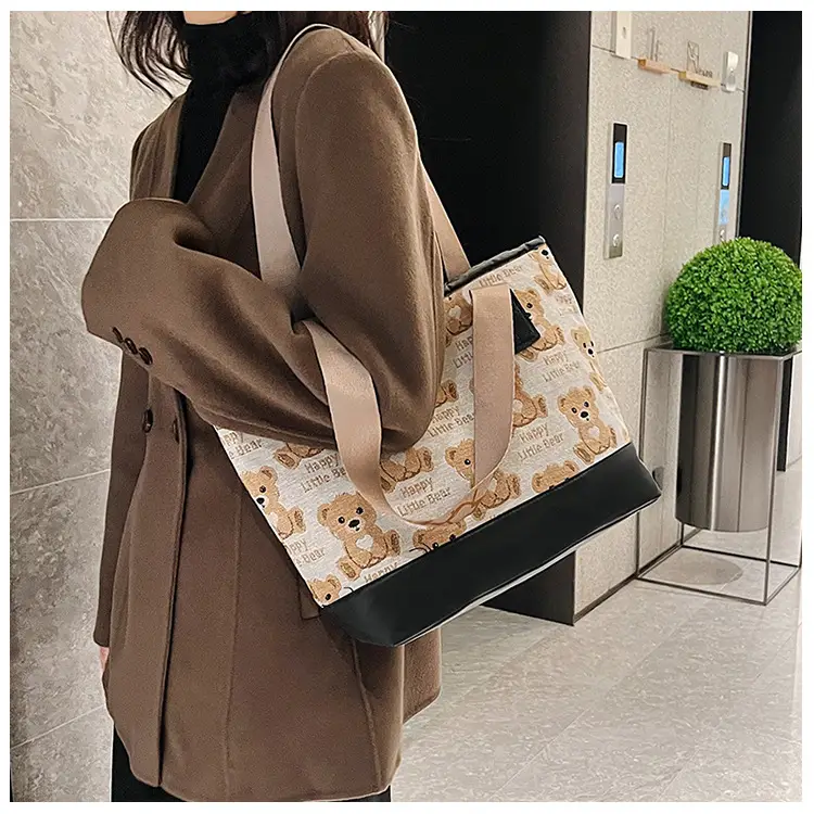 Women Canvas Printed Bear Bag Large Capacity Brown — feature 17