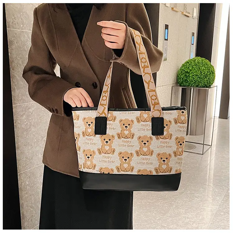 Women Canvas Printed Bear Bag Large Capacity Brown — feature 18