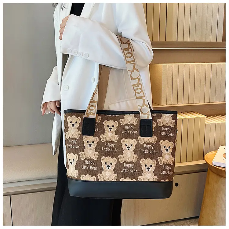 Women Canvas Printed Bear Bag Large Capacity Brown — feature 19