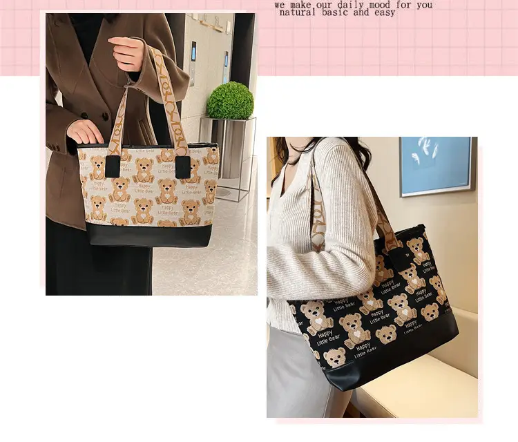 Women Canvas Printed Bear Bag Large Capacity Brown — feature 2