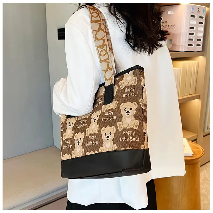 Women Canvas Printed Bear Bag Large Capacity Brown — feature 20