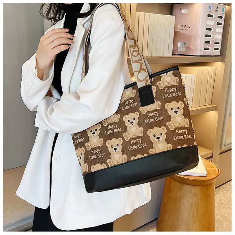 Women Canvas Printed Bear Bag Large Capacity Brown — feature 21