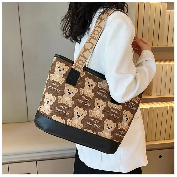 Women Canvas Printed Bear Bag Large Capacity Brown — feature 22
