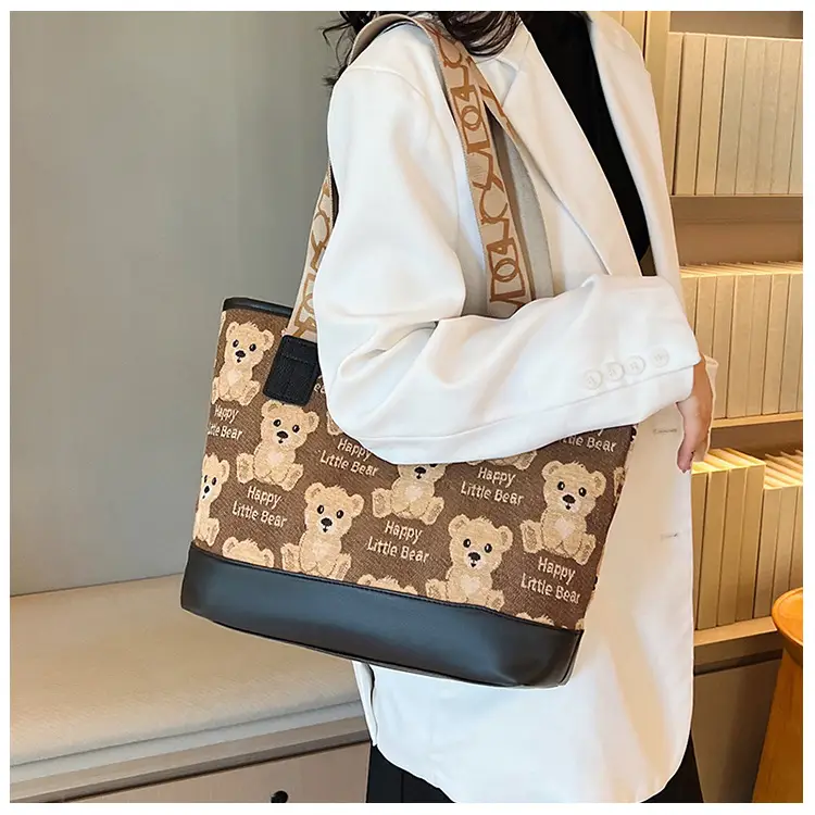 Women Canvas Printed Bear Bag Large Capacity Brown — feature 23