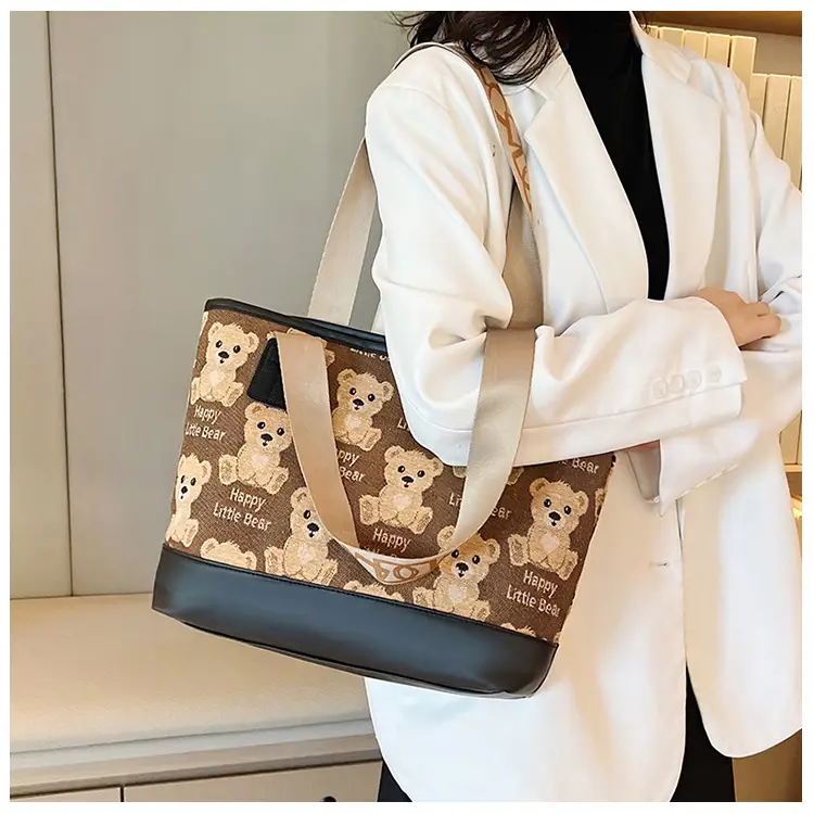 Women Canvas Printed Bear Bag Large Capacity Brown — feature 24