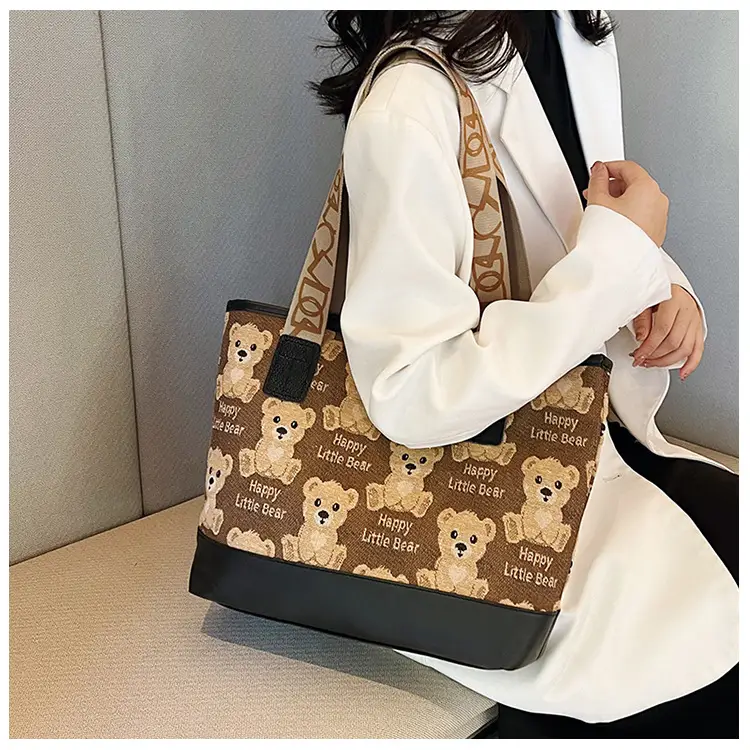 Women Canvas Printed Bear Bag Large Capacity Brown — feature 25