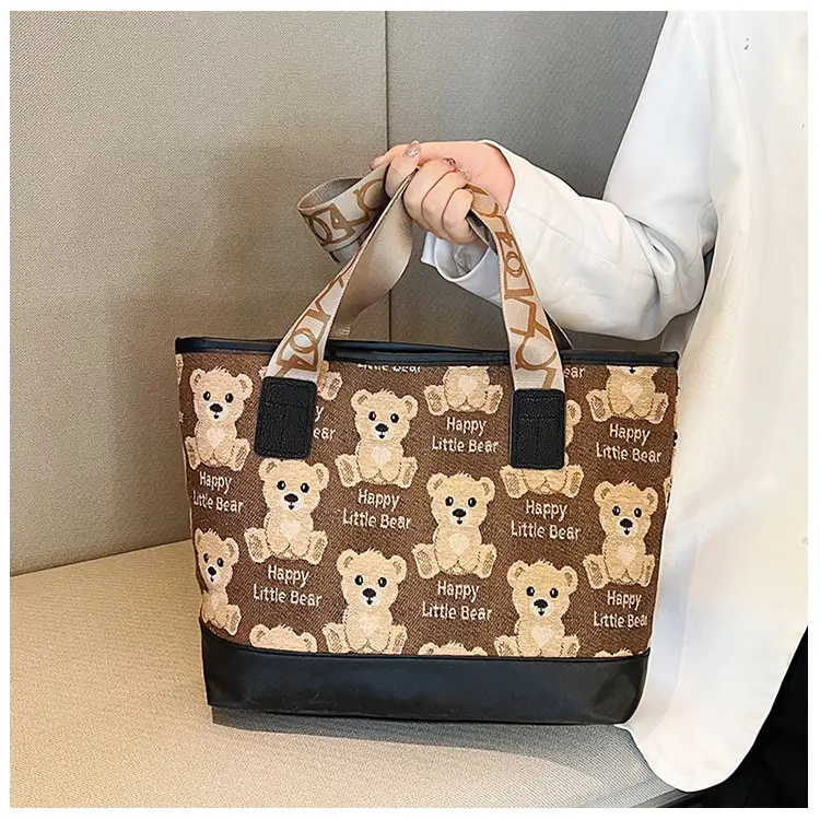 Women Canvas Printed Bear Bag Large Capacity Brown — feature 26