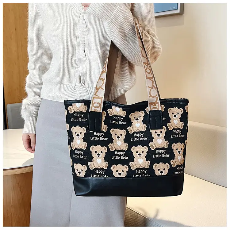 Women Canvas Printed Bear Bag Large Capacity Brown — feature 27