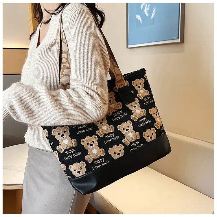 Women Canvas Printed Bear Bag Large Capacity Brown — feature 28