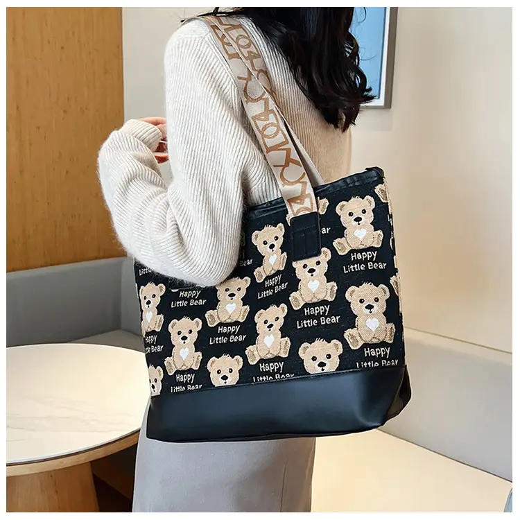 Women Canvas Printed Bear Bag Large Capacity Brown — feature 29