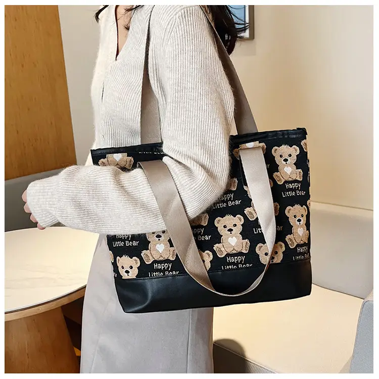 Women Canvas Printed Bear Bag Large Capacity Brown — feature 30
