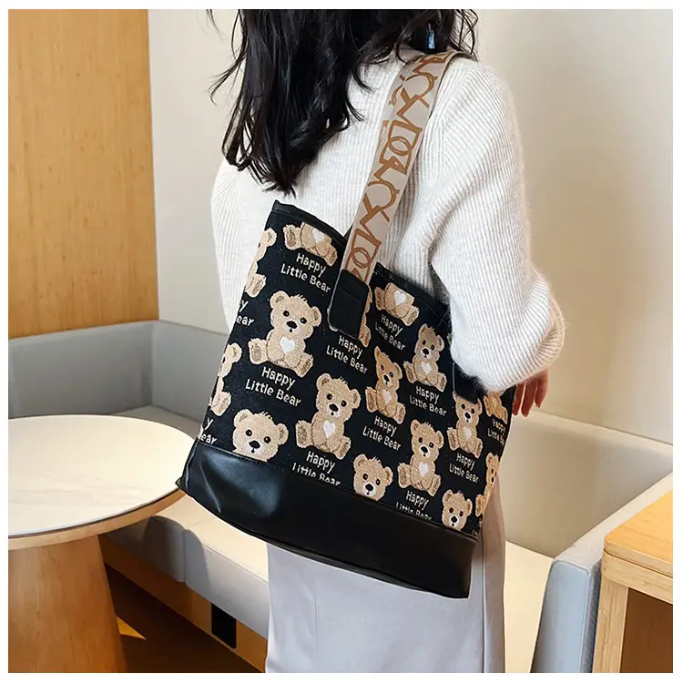 Women Canvas Printed Bear Bag Large Capacity Brown — feature 31