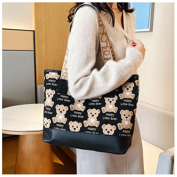 Women Canvas Printed Bear Bag Large Capacity Brown — feature 32