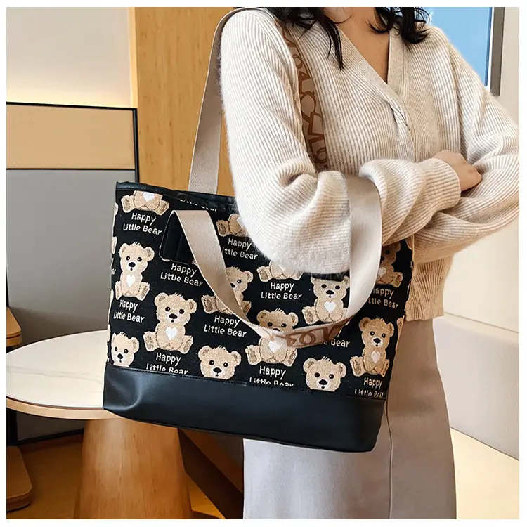 Women Canvas Printed Bear Bag Large Capacity Brown — feature 33