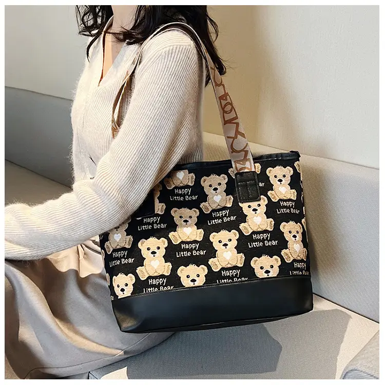 Women Canvas Printed Bear Bag Large Capacity Brown — feature 34