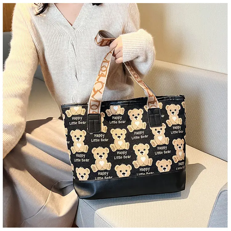 Women Canvas Printed Bear Bag Large Capacity Brown — feature 35