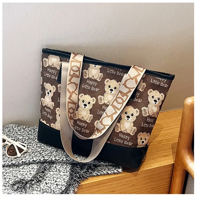 Women Canvas Printed Bear Bag Large Capacity Brown — feature 36